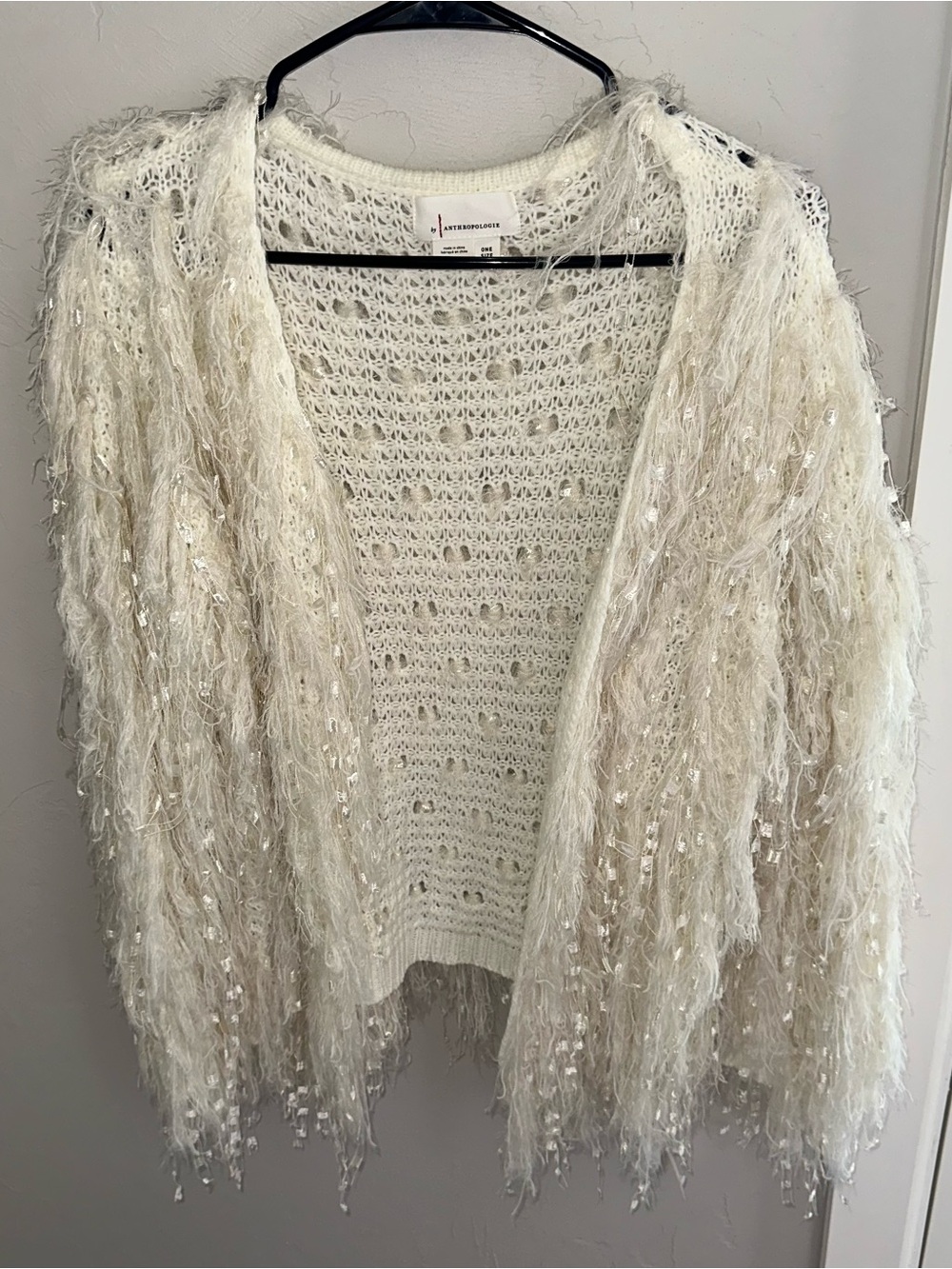 Anthropologie Ivory Fringe Sequin Open Cardigan